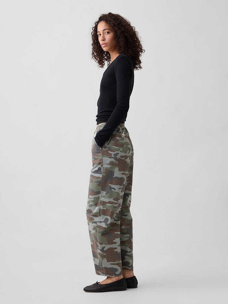 Image 3 of 7, Mid Rise Pull-On Camo Barrel Jeans
