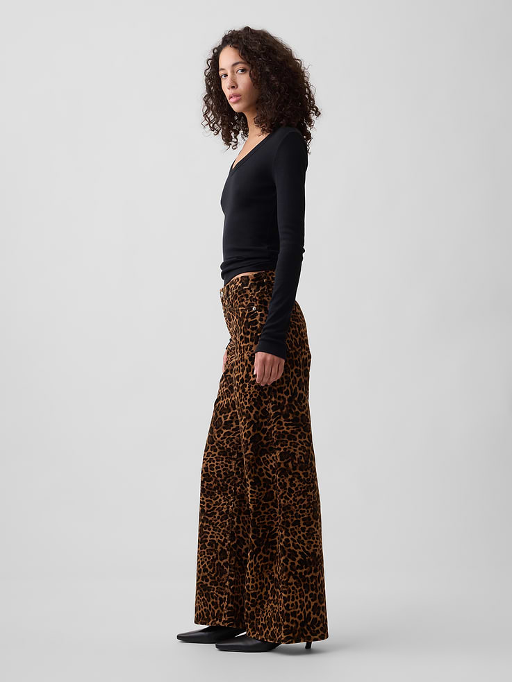 Image 3 of 7, Mid Rise Wide-Leg Leopard Print Corduroy Pants