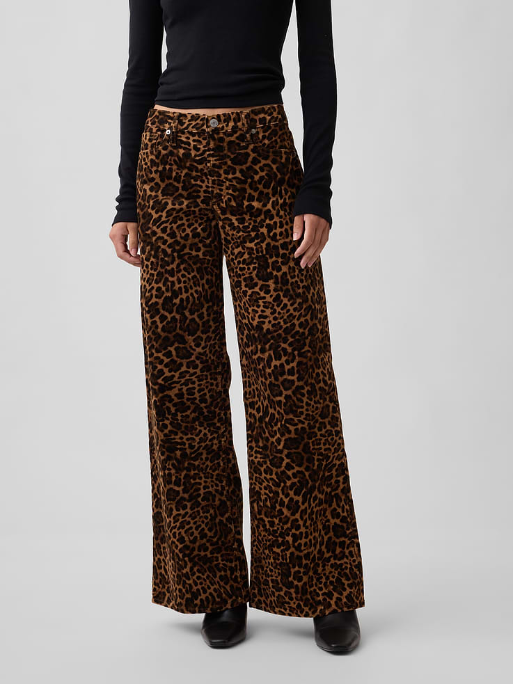 Image 2 of 7, Mid Rise Wide-Leg Leopard Print Corduroy Pants