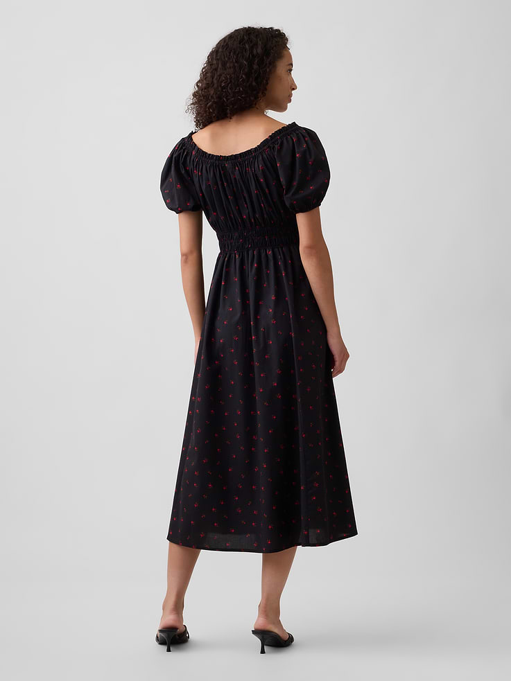 Image 2 of 6, Puff Sleeve Tie-Neck Midi Dress