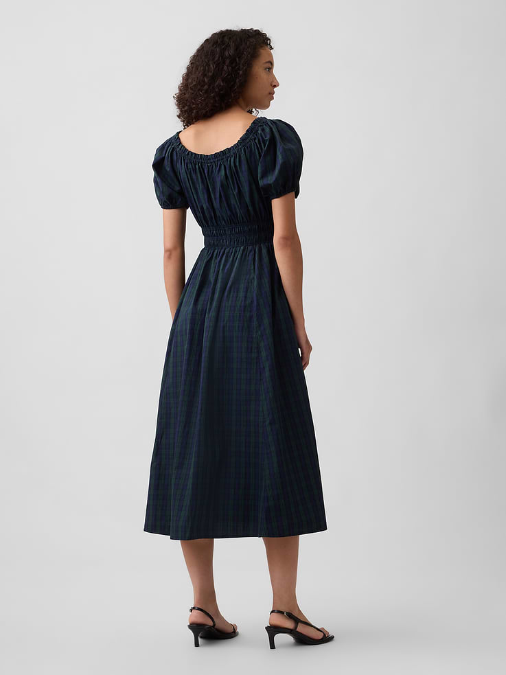 Image 2 of 6, Puff Sleeve Tie-Neck Midi Dress