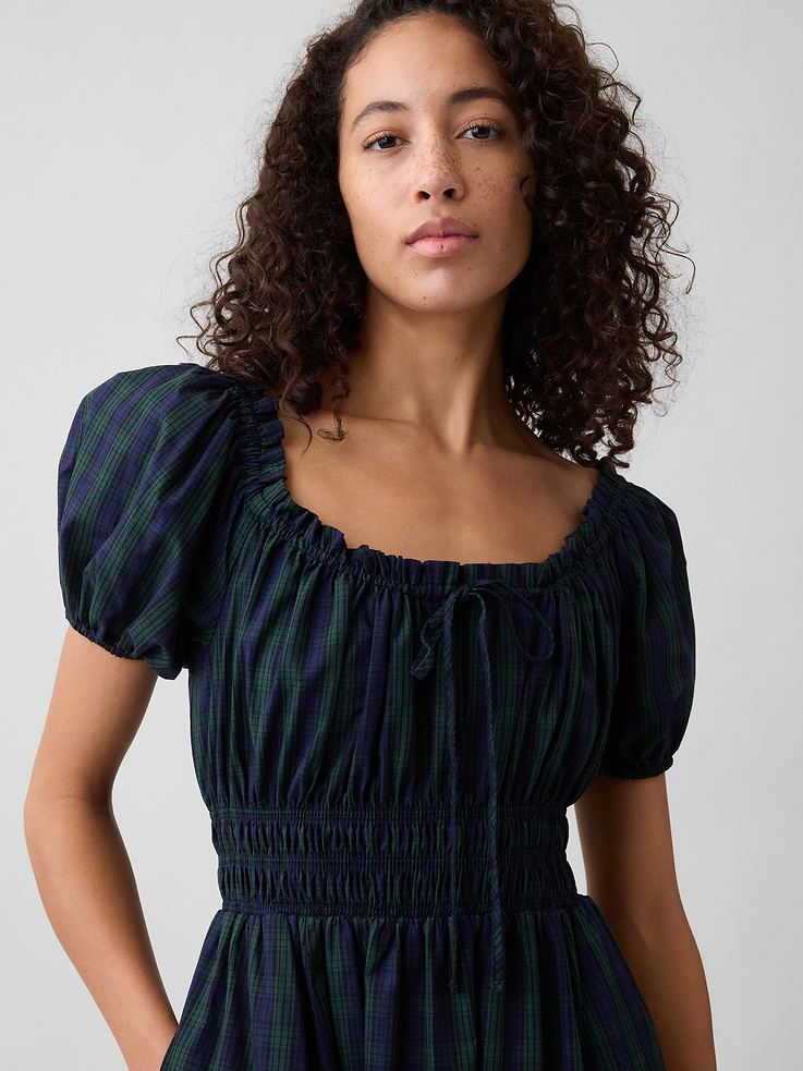 Image 3 of 6, Puff Sleeve Tie-Neck Midi Dress