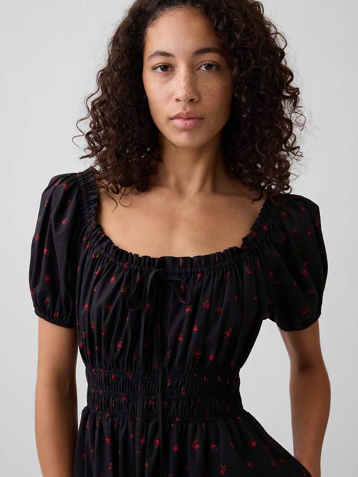 Image 3 of 6, Puff Sleeve Tie-Neck Midi Dress