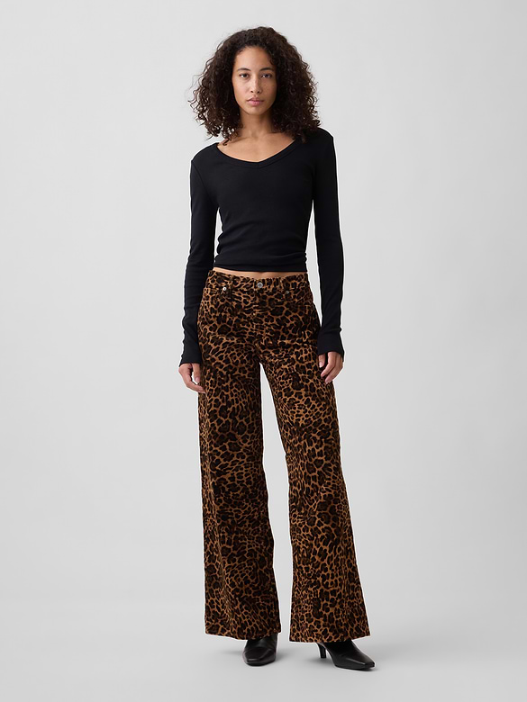 Mid Rise Wide-Leg Leopard Print Corduroy Pants