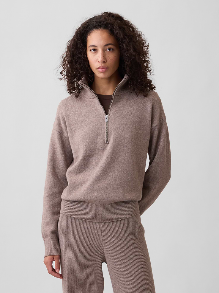 Image 1 of 5, Plush like cashmere. Easier than anything. With a lightweight layer-able feel & brushed for softness., Soft cotton-blend knit., Dropped shoulder, long sleeves with ribbed cuffs., Ribbed mockneck, half-zip front., Ribbed hem., Product #1179584