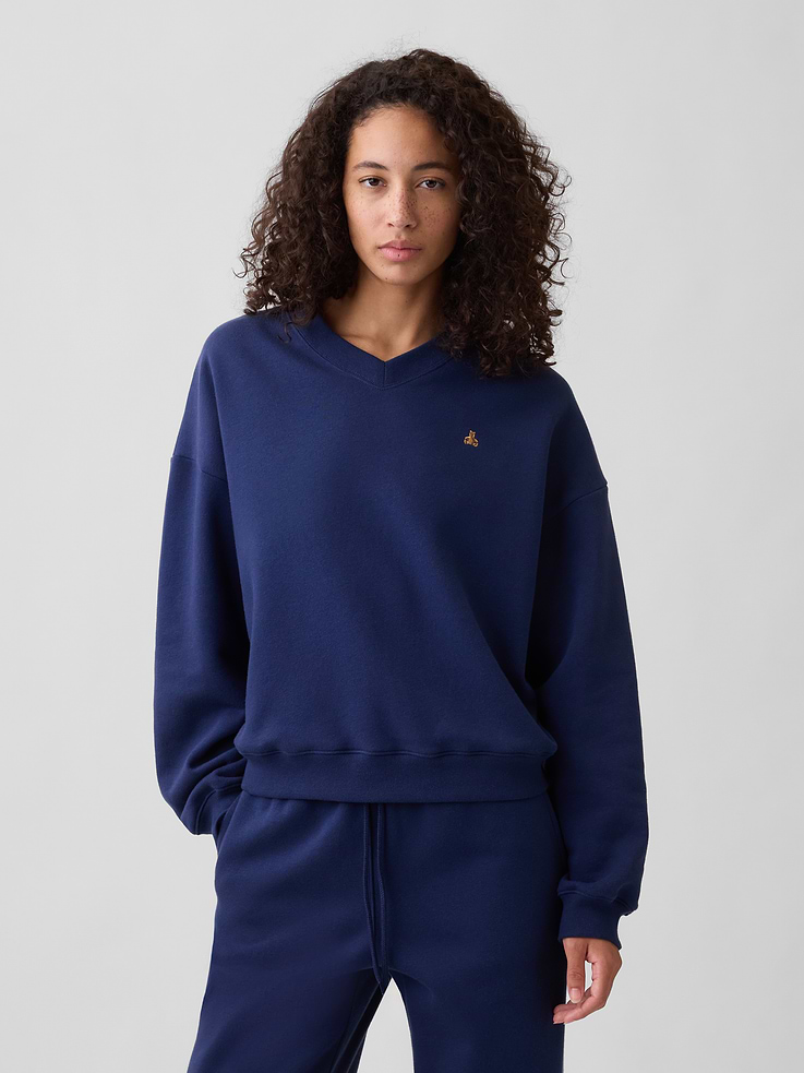 Image 1 of 5, This product is made with/contains 23% recycled polyester. Compared to virgin materials, using recycled materials helps reduce resource use and waste., Soft, comfy fleece., Dropped shoulder, long sleeves with banded cuffs., V-neck., Banded wedge hem., This product was made in a factory that invests in gender equity and women’s empowerment through RISE. Learn more at, Product #1178404