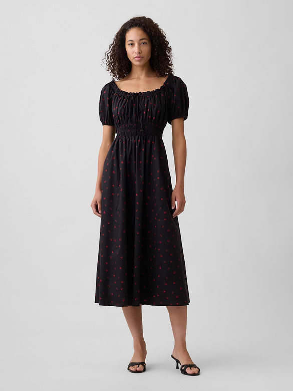 Puff Sleeve Tie-Neck Midi Dress