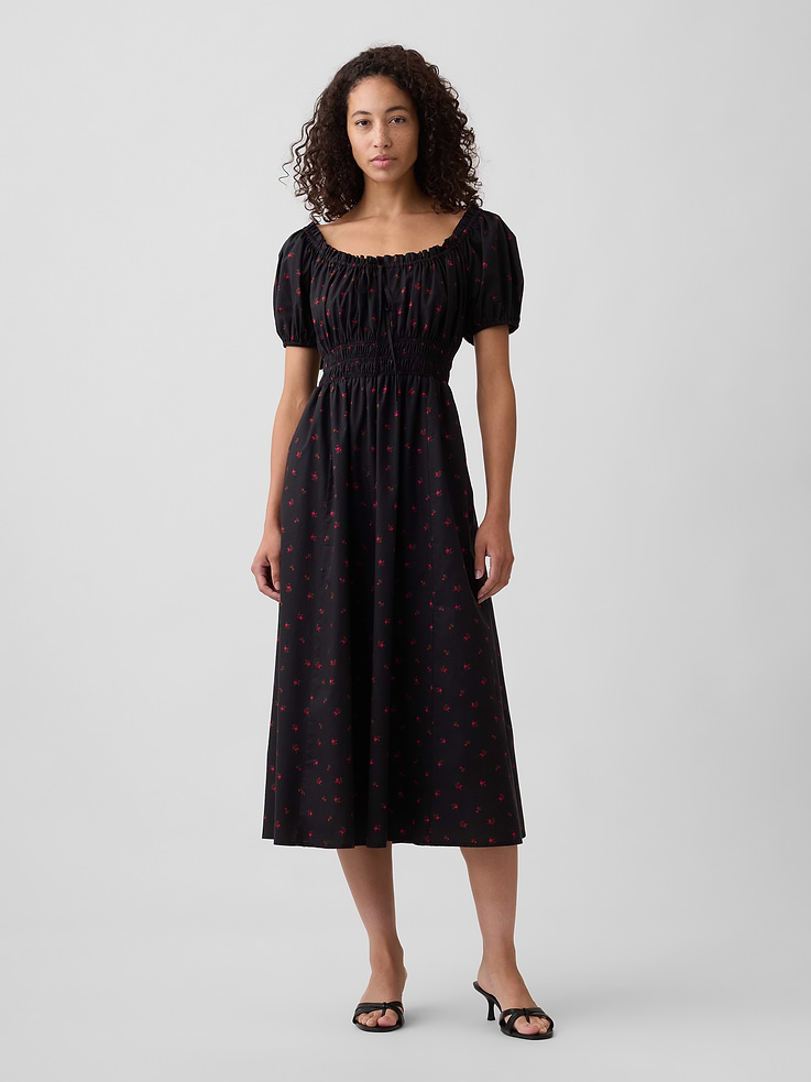 Image 1 of 6, Smooth weave., Short puff sleeves with elasticized cuffs., Ruffle trim and ties at round neckline., Smocking and shirring at yoke., On-seam pockets., Select styles have allover print or plaid., This product was made in a factory that invests in gender equity and women’s empowerment through RISE. Learn more at, Product #1190586