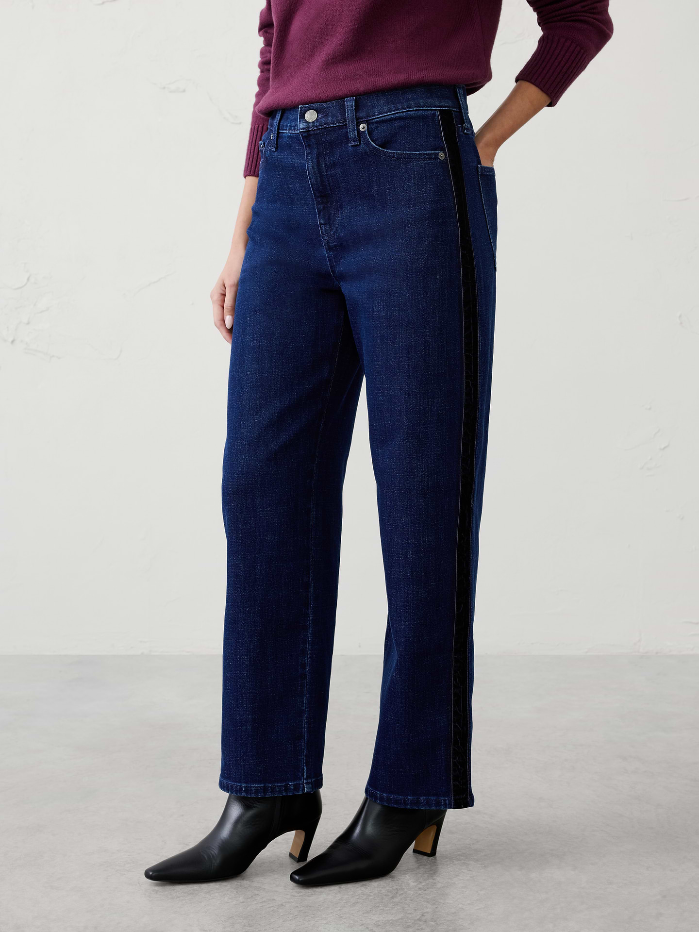 Image 3 of 3, Straight-Fit High-Rise Velvet Side-Stripe Jean