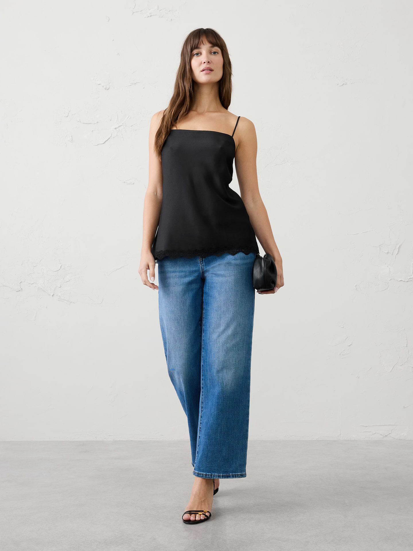 Image 1 of 5, Romantic lace detailing and lustrous satin come together in this elevated camisole silhouette. Designed to capture the spirit of the season, it delivers an elegant, sophisticated look perfect for holiday gatherings, evening events, and special occasions., Straight neckline. Adjustable spaghetti straps., Lace‑trimmed hem., Made exclusively for Banana Republic Factory., Product #1185916
