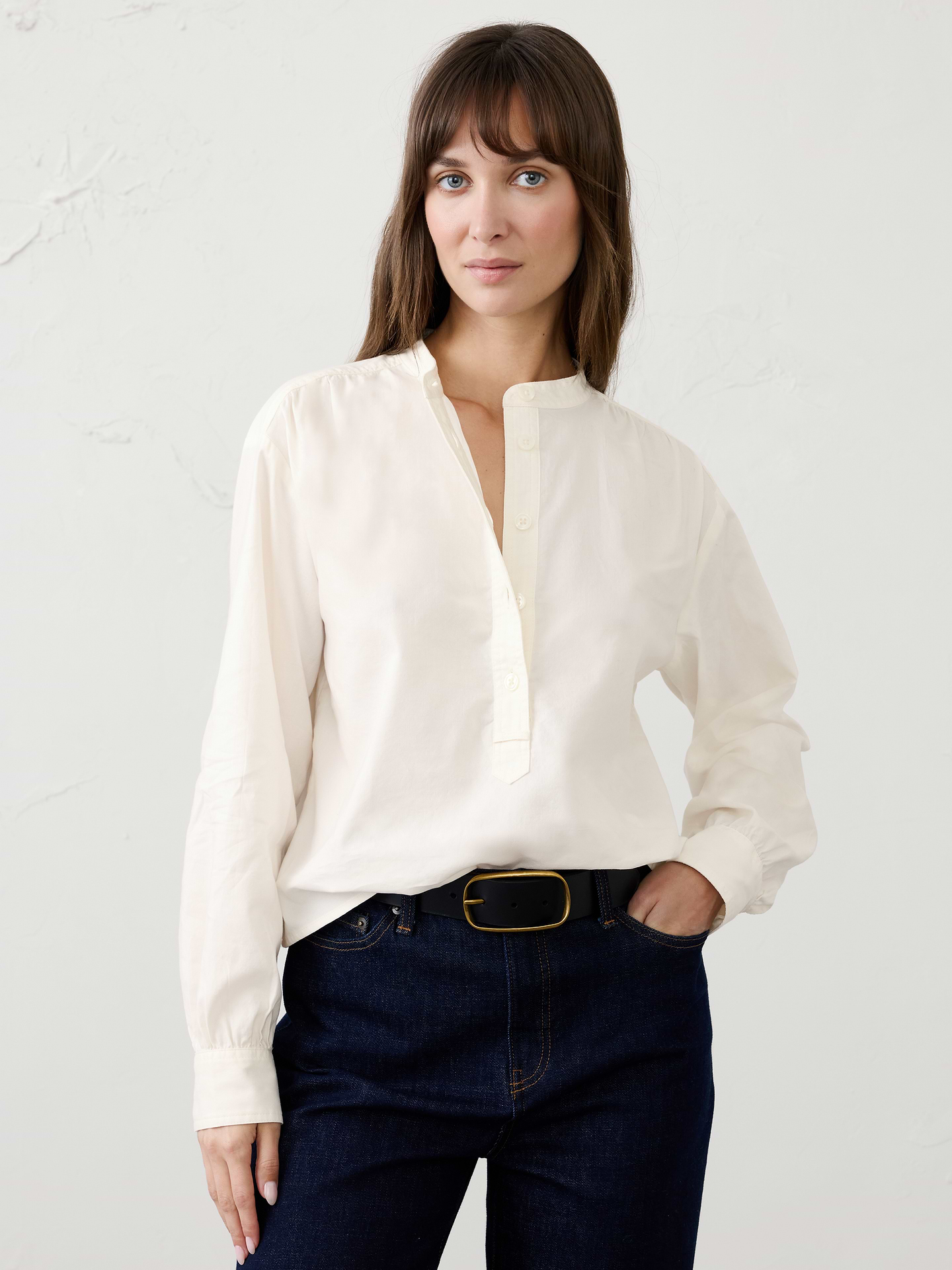 Image 1 of 3, Crafted from a warm‑handed oxford fabric, this half‑placket top is designed for effortless casual dressing through the cooler months., Band collar neckline. Long blouson sleeves with buttoned cuffs., Half button‑front placket adds classic shirt styling., Gathered detailing at the front shoulders., Back yoke with center soft gathers., Made exclusively for Banana Republic Factory., Product #1185912