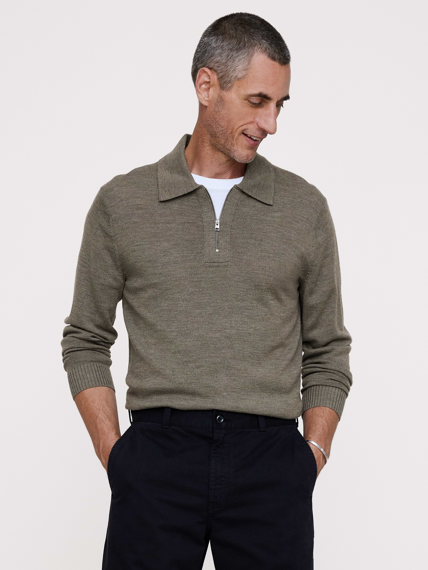 Image 1 of 4, Looks good, feels good. A classic sweater polo, crafted in beautifully warm and soft Merino wool., Standard fit: A straight and easy fit., Point collar with zip closure., Straight hem., Product #906194