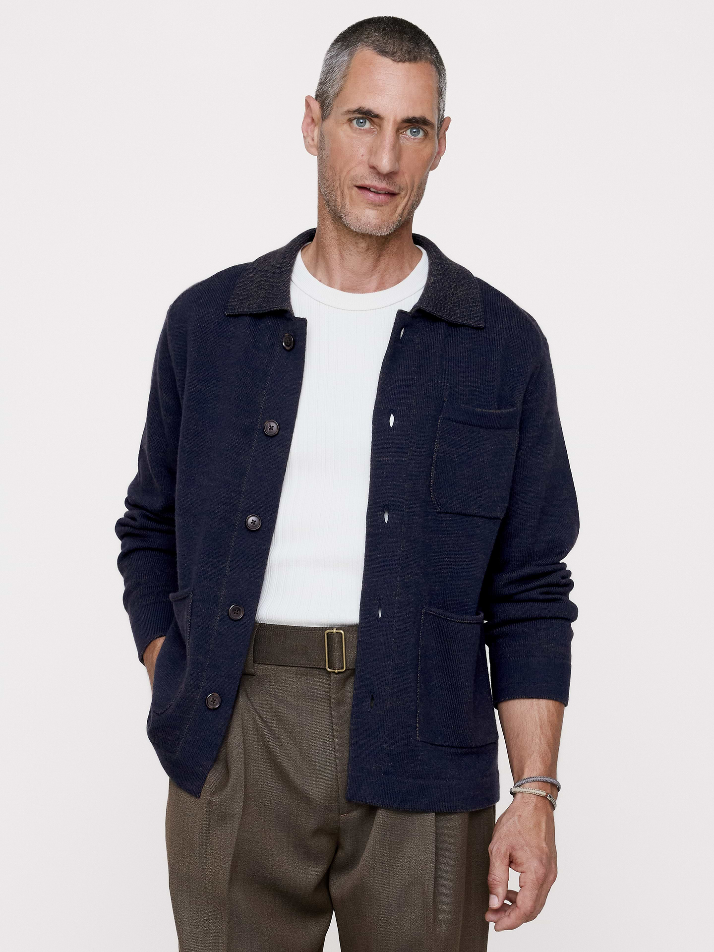 Image 1 of 4, We love this chore cardigan as an easy and lightweight layer with all the softness of Merino wool. We plated it using two yarns together, so you get a primary color on the surface with a second color subtly peeking through., Standard Fit: A straight and easy fit., Spread collar with button closure., Chest pocket. Front patch pockets., Straight hem., Product #906718