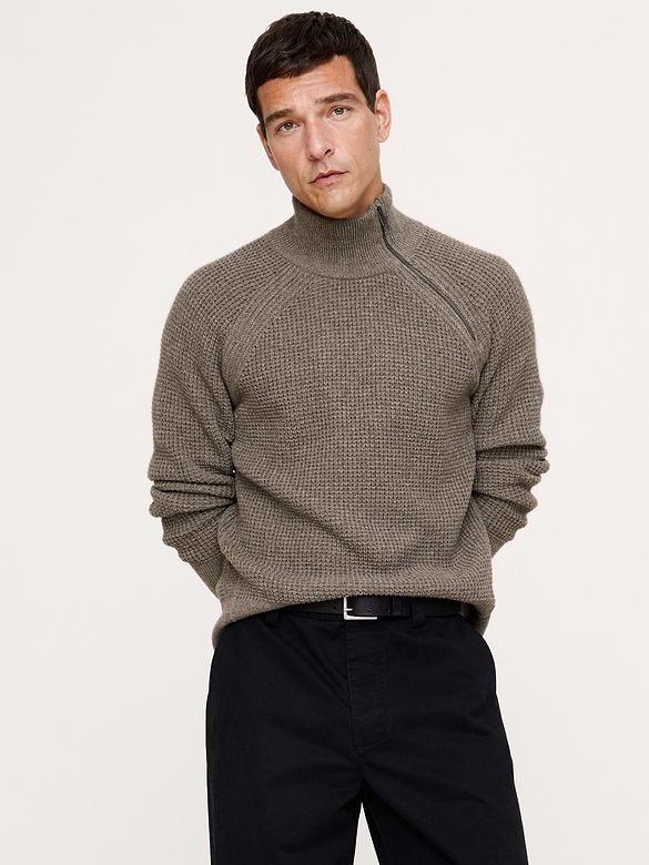 Italian Merino-Blend Moto Sweater with Size Zip