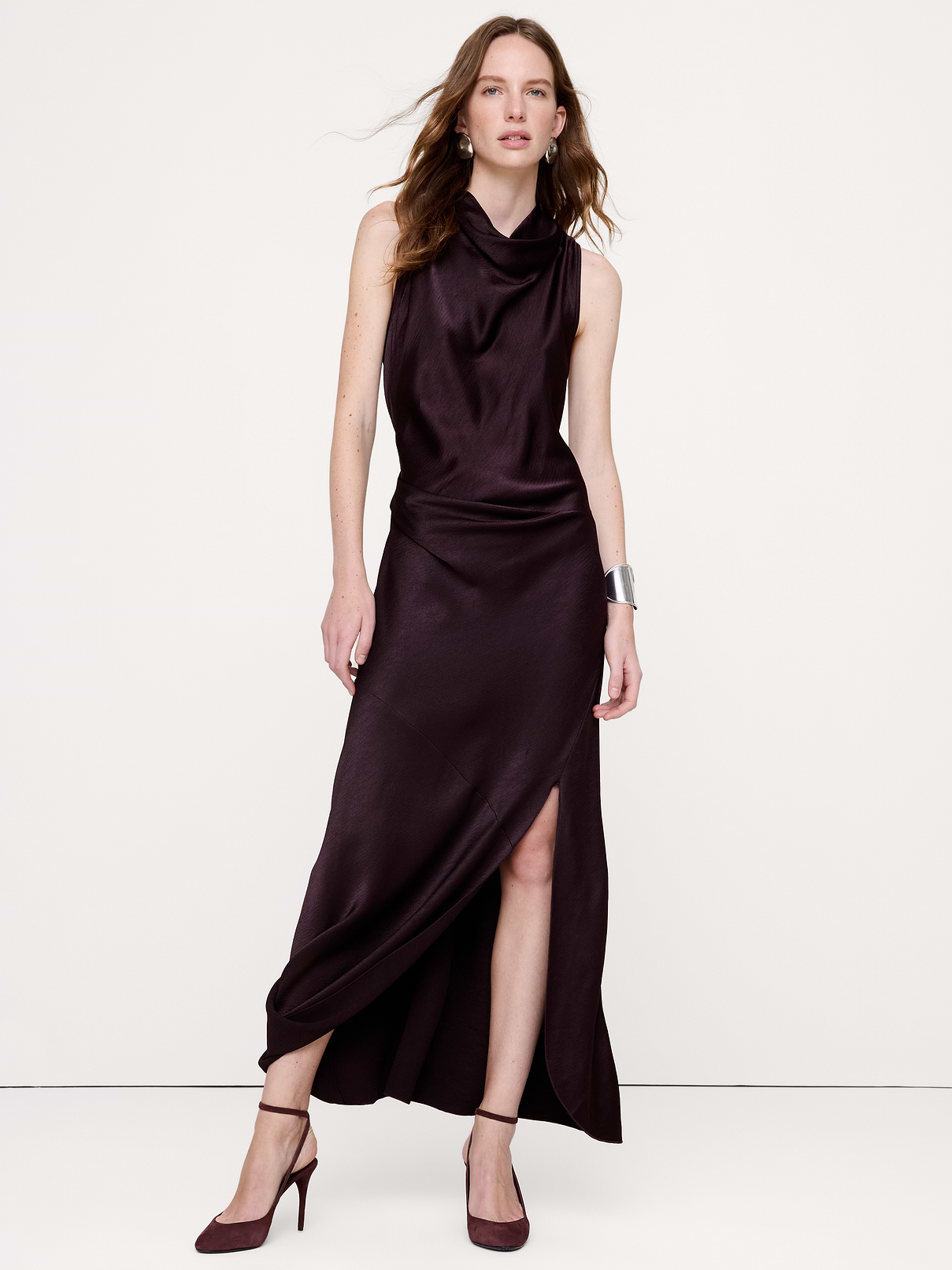 Image 1 of 8, This special cowl-neck maxi dress is cut from a textured hammered satin fabric. Here, we expertly cut it on the bias to increase its drape and showcase this special fabric's sophisticated shine., Sheath Fit: Slim. Sits close to the body with a flare skirt., Cowl neck with invisible zip closure at back., Unlined., Product #1180145
