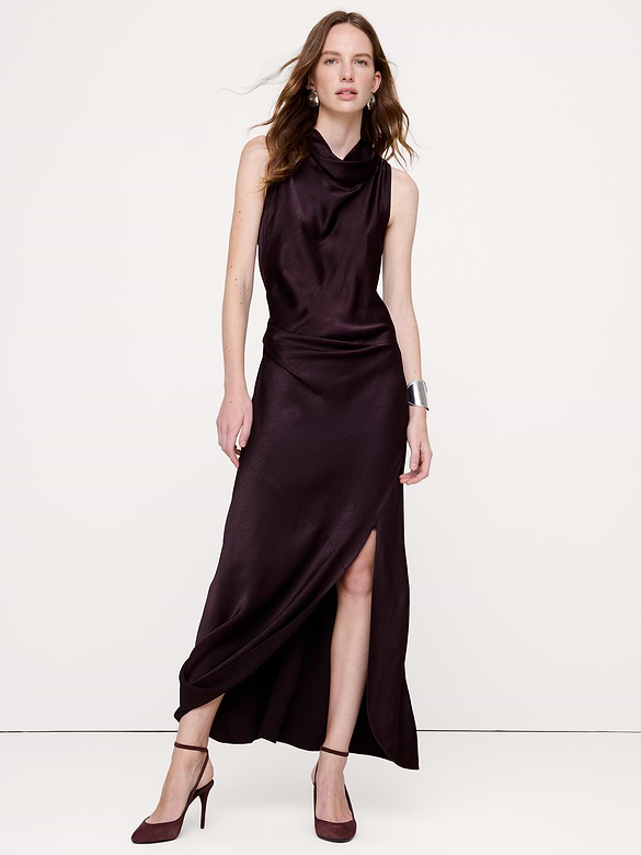 Hammered Satin Draped Cowl-Neck Maxi Dress