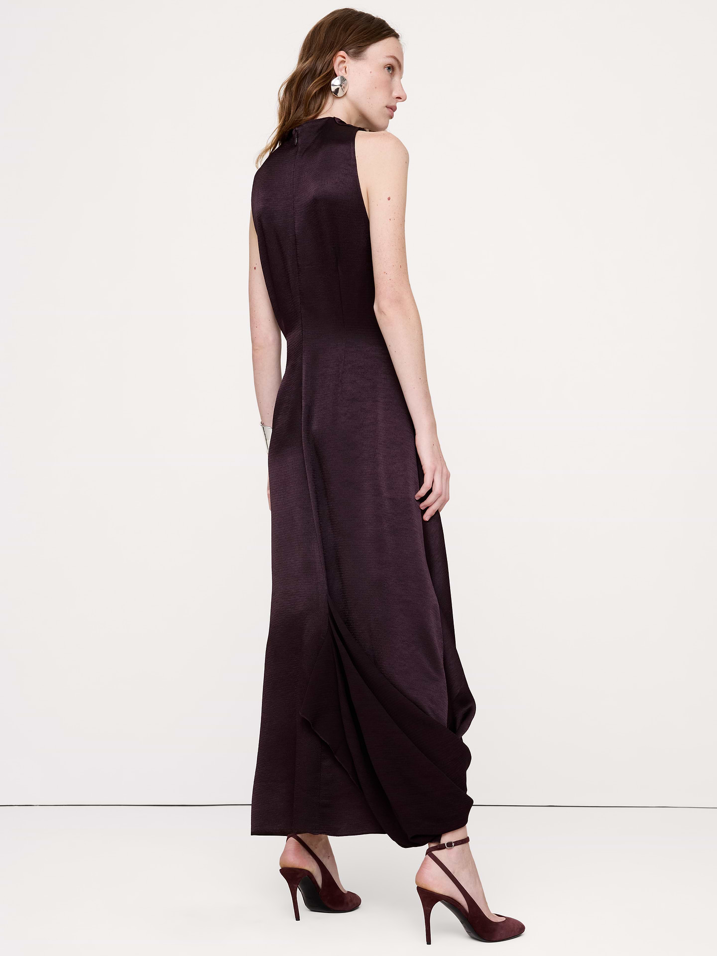 Image 4 of 8, Hammered Satin Draped Cowl-Neck Maxi Dress
