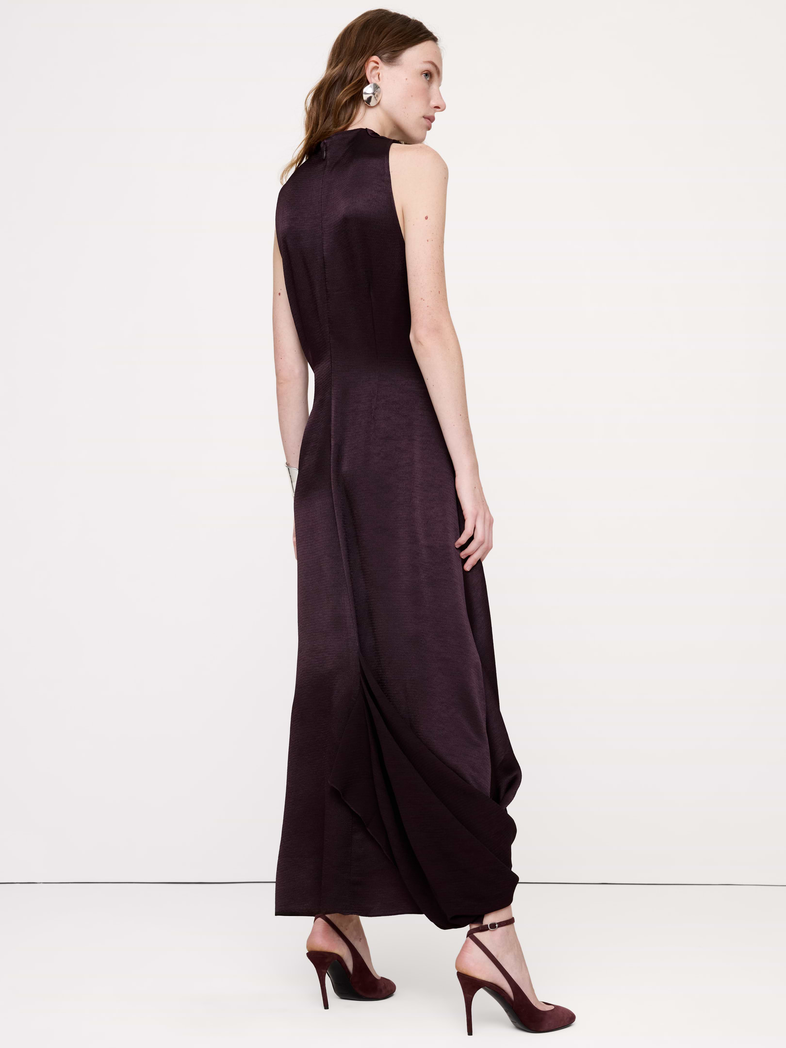 Image 3 of 8, Hammered Satin Draped Cowl-Neck Maxi Dress
