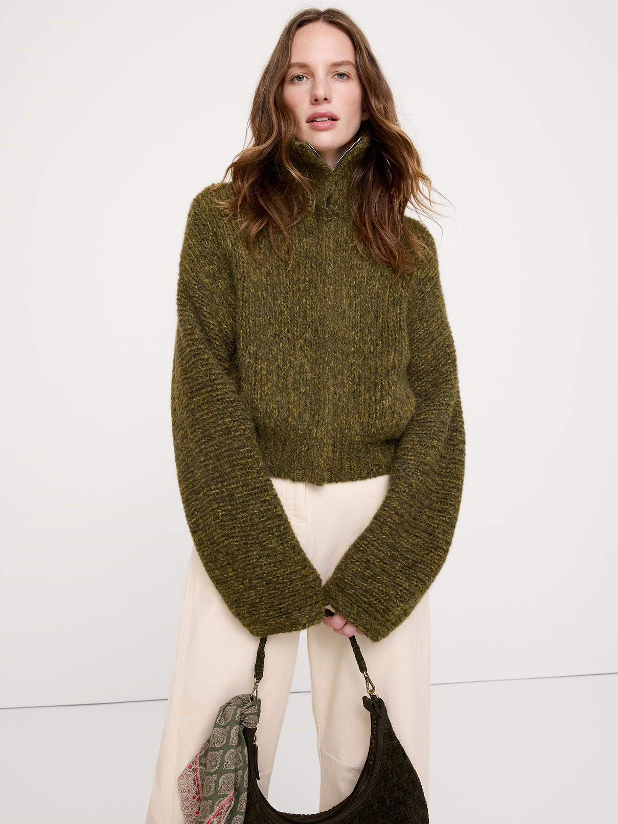 Marled Alpaca-Wool Funnel-Neck Cardigan