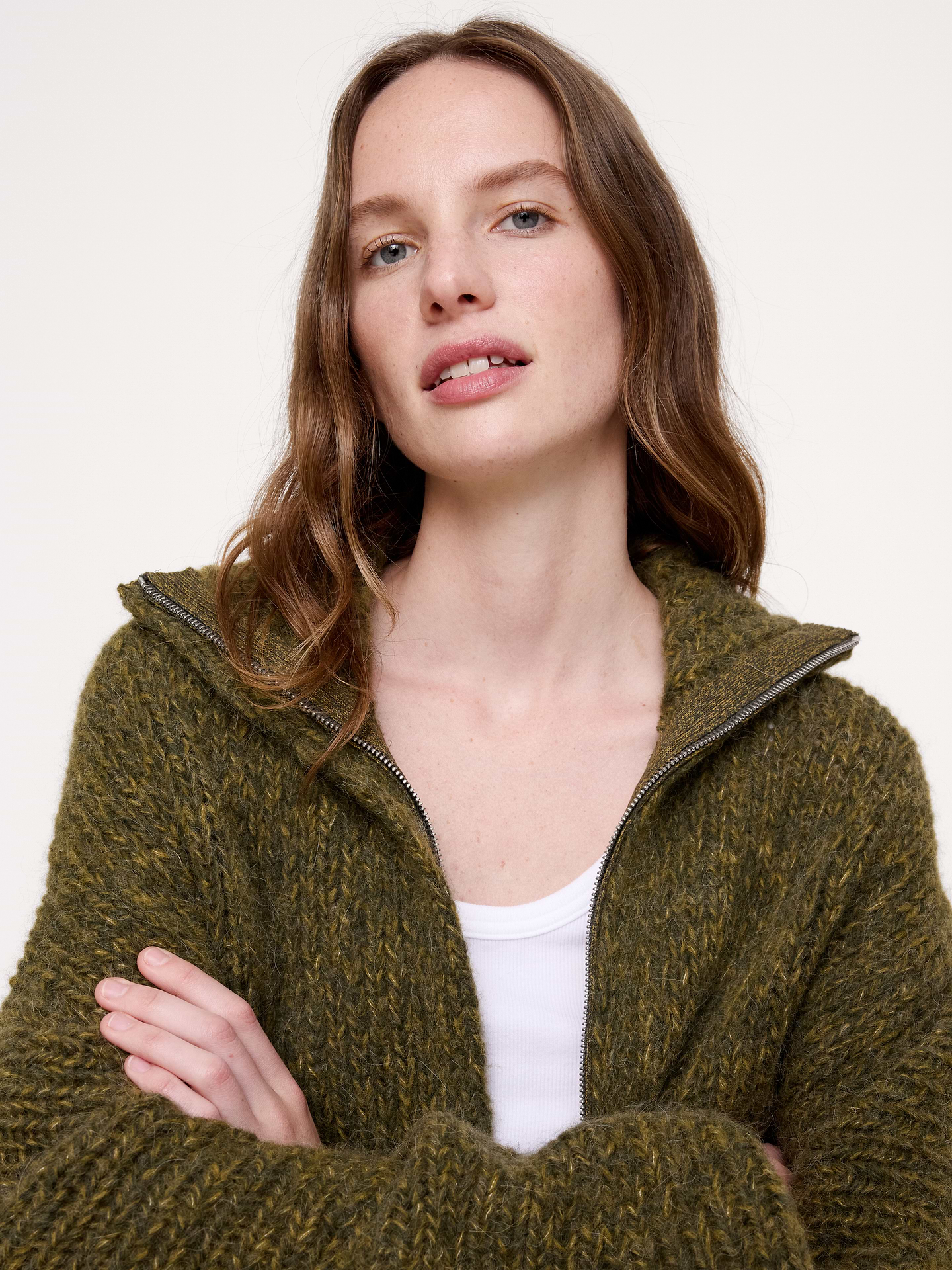 Image 3 of 3, Marled Alpaca-Wool Funnel-Neck Cardigan