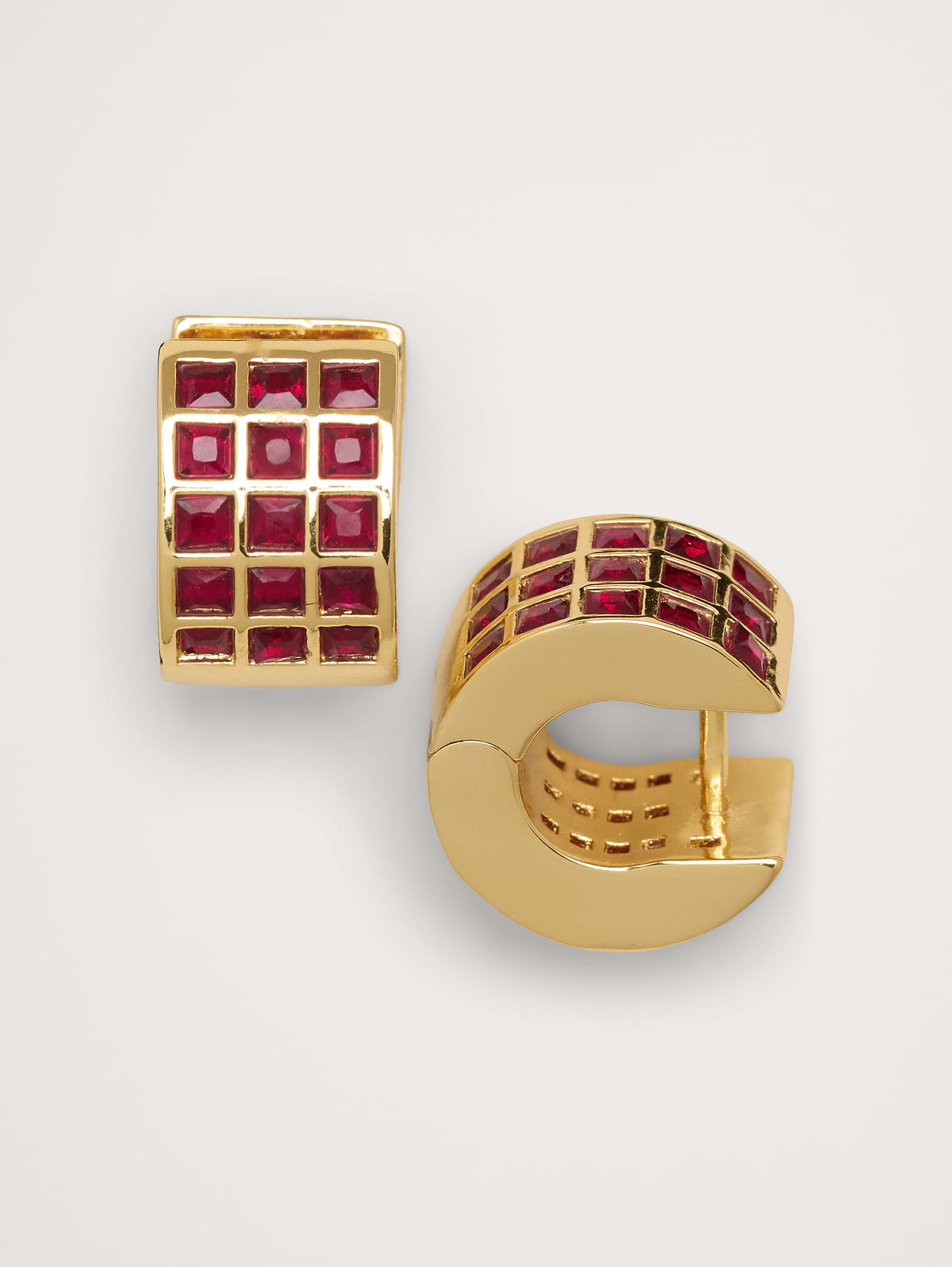 Image 1 of 2, Some details don’t need updating. These structured hoops set stacked gemstones into a bold hoop as a nod to jewelry decades older., Click huggie clasp., Product #1193057