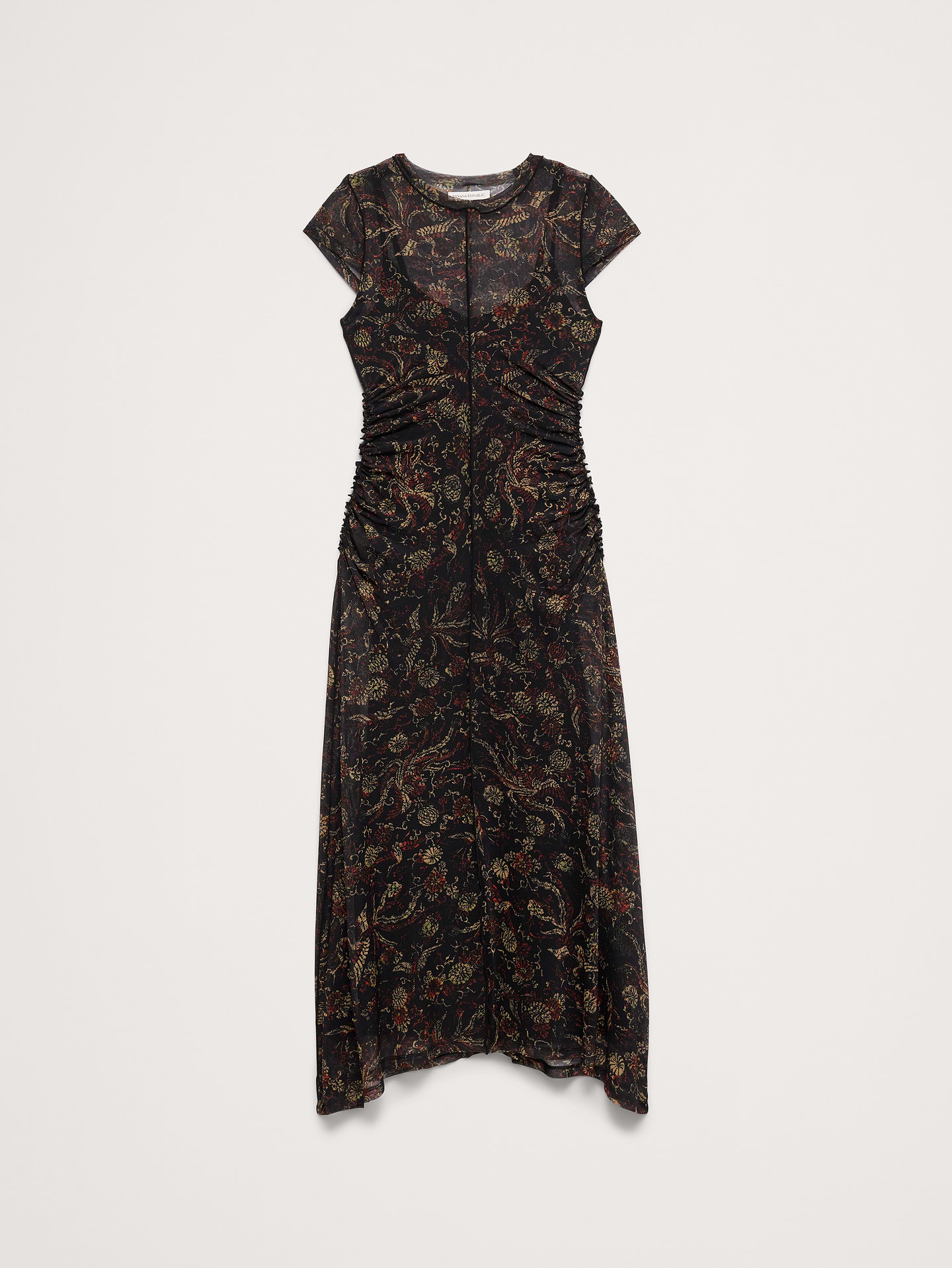 Image 7 of 7, Ruched Mesh Short-Sleeve Midi Dress