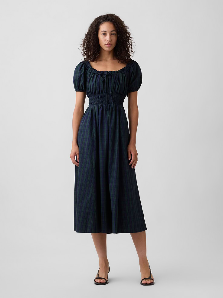 Image 1 of 6, Smooth weave., Short puff sleeves with elasticized cuffs., Ruffle trim and ties at round neckline., Smocking and shirring at yoke., On-seam pockets., Select styles have allover print or plaid., This product was made in a factory that invests in gender equity and women’s empowerment through RISE. Learn more at, Product #1190586
