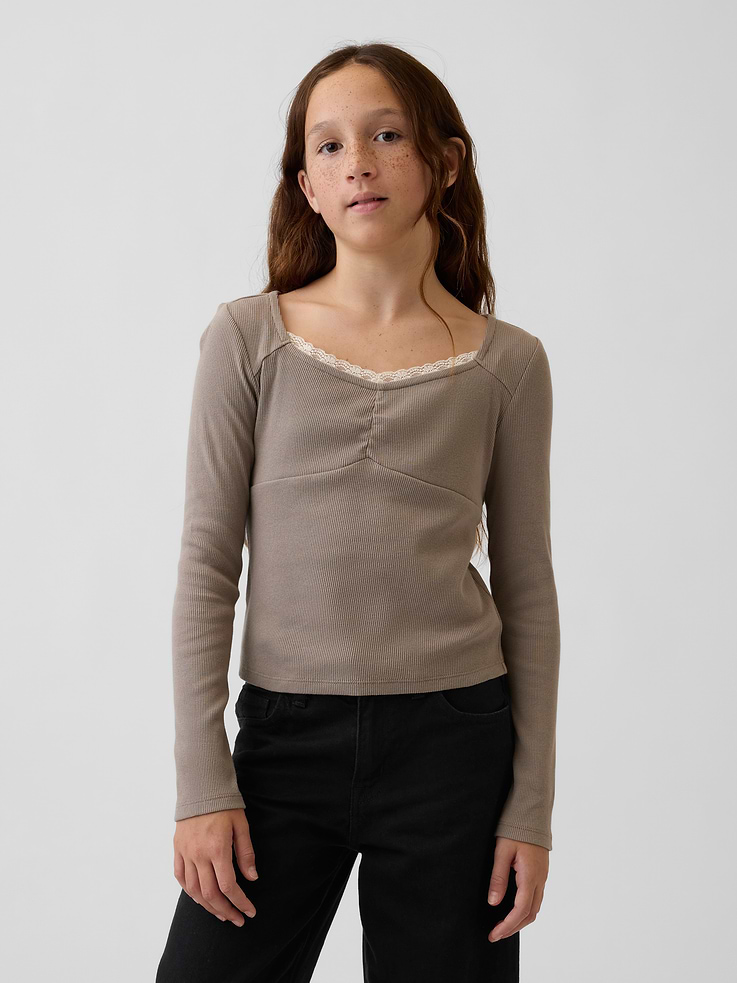Image 1 of 5, Soft, ribbed cotton T-shirt., Sweetheart neckline with lace trim detail., Long sleeves., Seaming detail at front., This product was made in a factory that invests in gender equity and women’s empowerment through RISE. Learn more at gapinc.com/equity ., Product #1185502