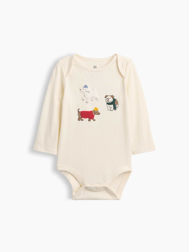 Image 1 of 3, From baby’s first outfit to all their first moments. Our favorite tiny essentials in supersoft, organically grown cotton., Soft cotton jersey graphic bodysuit., Long sleeves., Graphics at front., Snaps at inseam for easy dressing and diapering., Made with 100% organically grown cotton which is grown without the use of synthetic pesticides and fertilizers., This product was made in a factory that invests in gender equity and women’s empowerment through RISE. Learn more at gapinc.com/equity ., Product #1186041