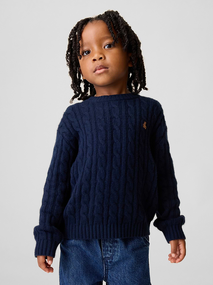 Image 1 of 5, Our bestselling fabric that feels cashmere-soft. Crafted in a midweight plush yarn. Refined with a special brushed technique. It's everyday luxury., Supersoft cotton-blend cable-knit sweater., Crewneck., Long sleeves with drop shoulders., Embroidered Brannan Bear at chest., Ribbed hem., Product #906357