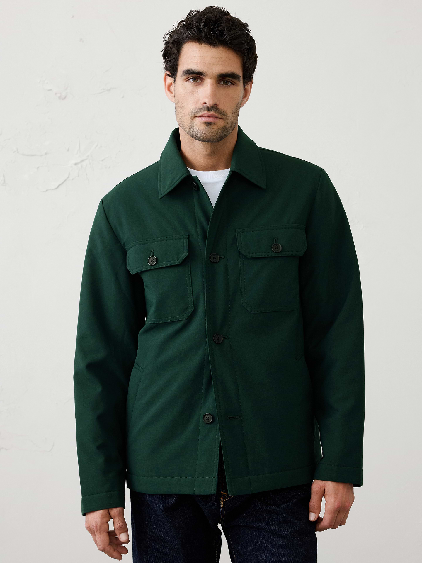Image 1 of 4, Built for versatile layering, this puff shacket combines the ease of a shirt with the warmth of a lightweight jacket. It features light padding that provides comfortable insulation without feeling bulky., Point collar. Long sleeves., Button‑front closure., Dual chest flap pockets with button closures., Side-entry pockets., Made exclusively for Banana Republic Factory., Product #1175832