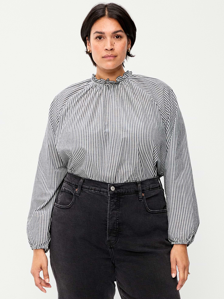 Image 4 of 6, Long-Sleeve Ruffle-Neck A-Line Top