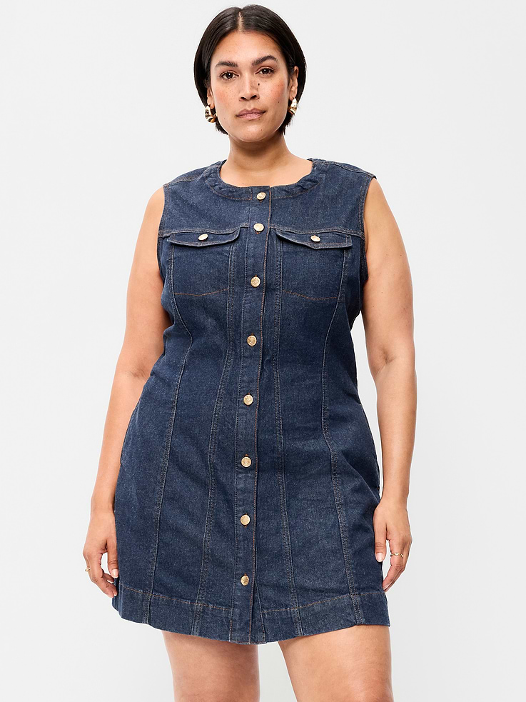 Image 9 of 10, Button-Down Fitted Denim Mini Dress