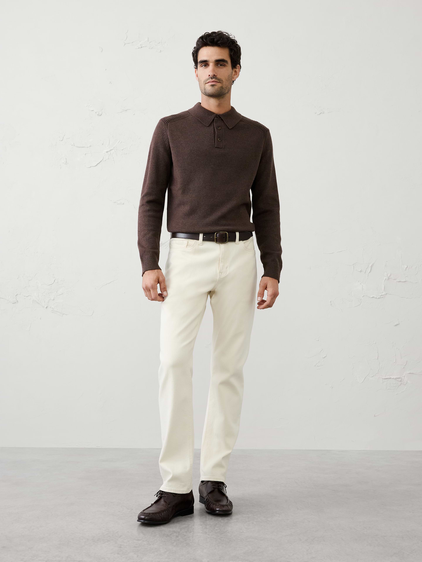Image 1 of 3, Crafted from our ultra‑soft lofty yarn, this sweater polo combines exceptional comfort with rich texture and dimension for a look that feels elevated and luxurious. Offered in a range of beautiful colors, it’s an easy everyday style that brings effortless polish to both casual and dressed‑up looks., Polo collar. Long sleeves., Button placket., Ribbed collar, arm cuffs and hem., Made exclusively for Banana Republic Factory., Product #1175820