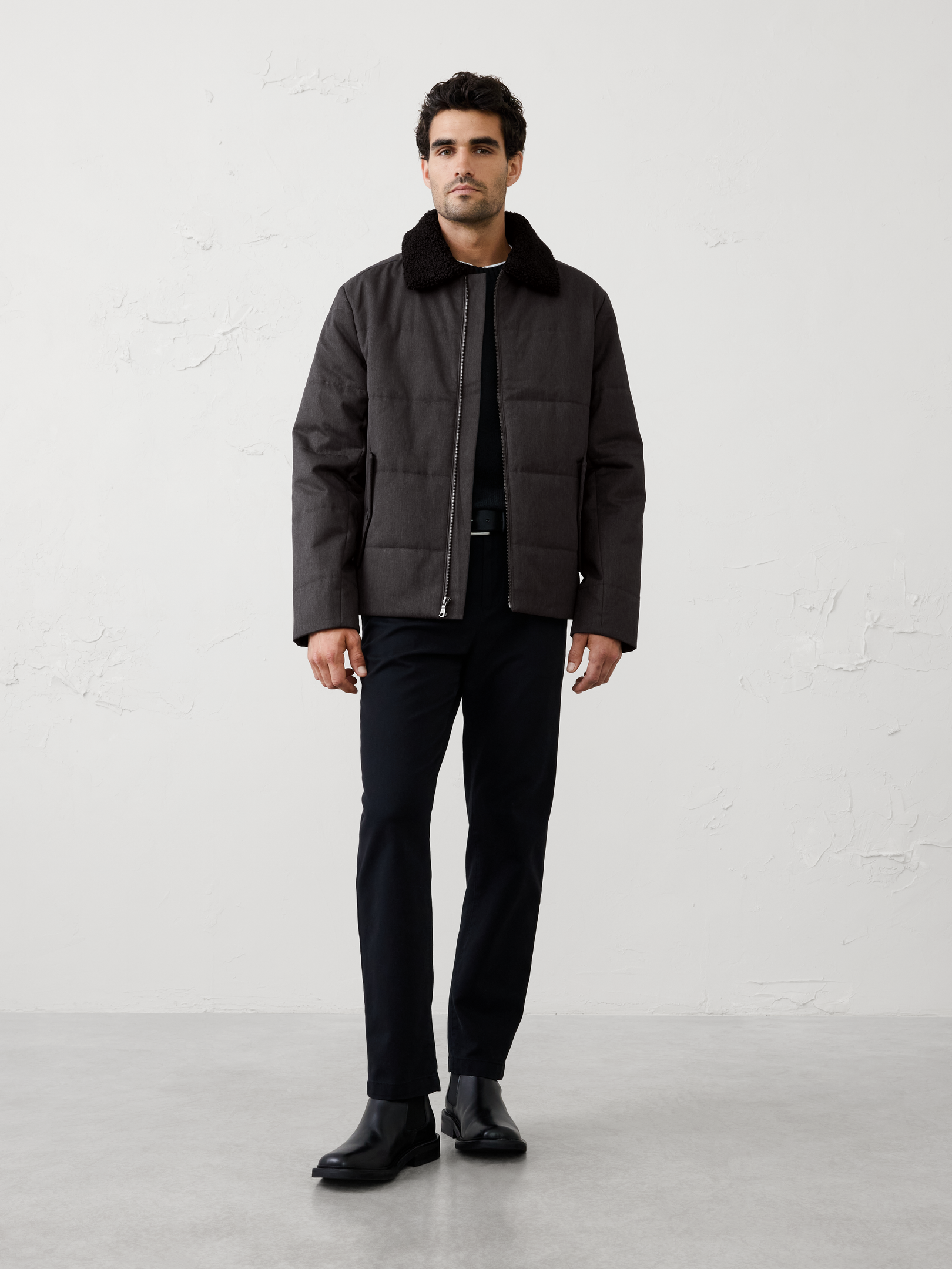 Image 1 of 3, A versatile puffer jacket designed with a cozy sherpa collar that elevates it beyond your average cold‑weather layer. Lightweight warmth and everyday comfort make it an easy choice for the season, while the textured collar adds a refined touch that feels both timeless and effortless. Perfect for casual wear, it pairs seamlessly with everything from denim to tailored separates., SUSTAINABILITY: Made with 65% recycled polyester., Sherpa collar. Long sleeves., Full zip‑front closure., Quilted puffer construction., Angled flap pockets with snap closure., Made exclusively for Banana Republic Factory., Product #1175834