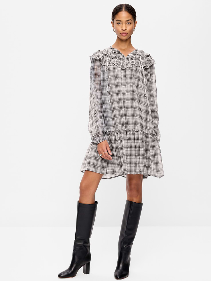 Image 1 of 9, tie-front neck, ruffle yoke, long blouson sleeves, elasticized cuffs, drop-waist skirt, Product #1188711