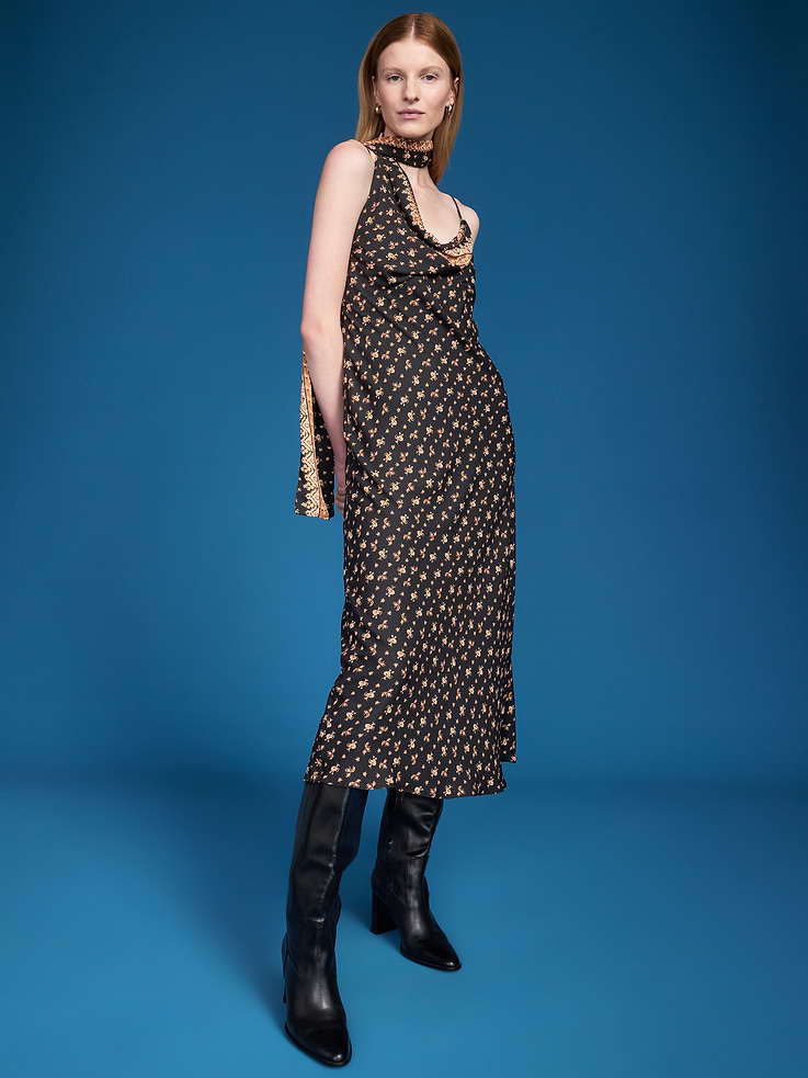 Image 1 of 7, draped scarf neckline, adjustable spaghetti straps, Product #1184412