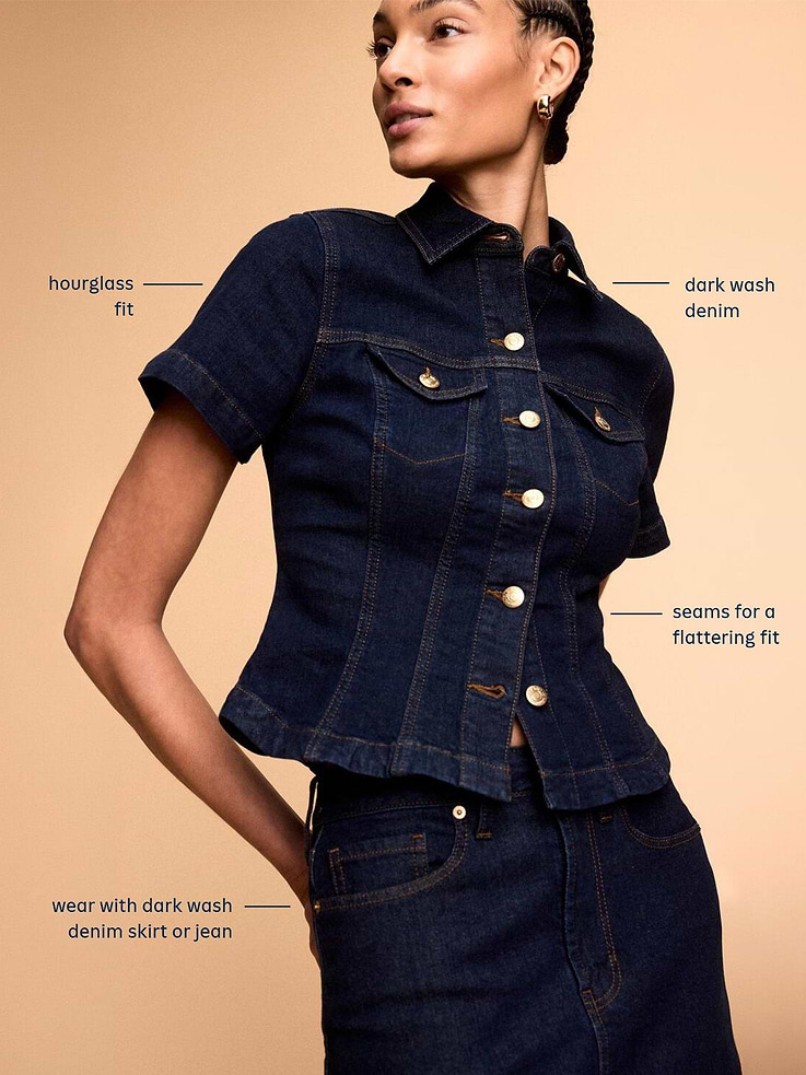 Image 5 of 8, Short-Sleeve Button-Front Denim Top