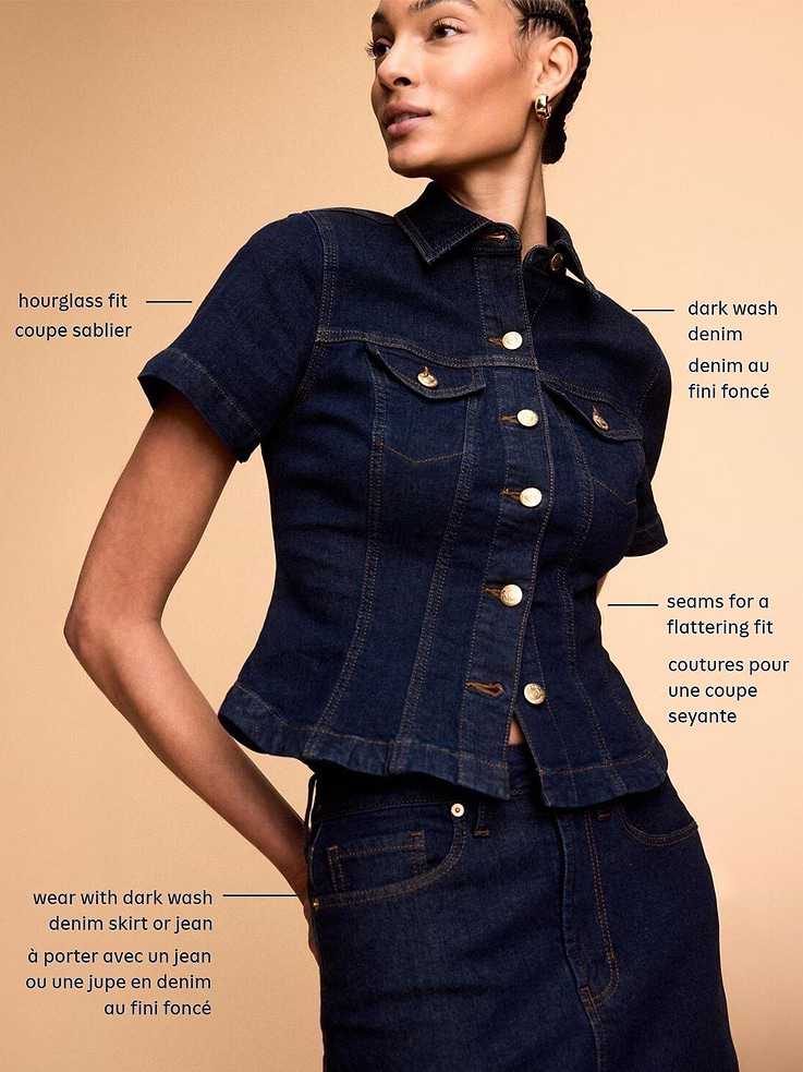 Image 5 of 8, Short-Sleeve Button-Front Denim Top