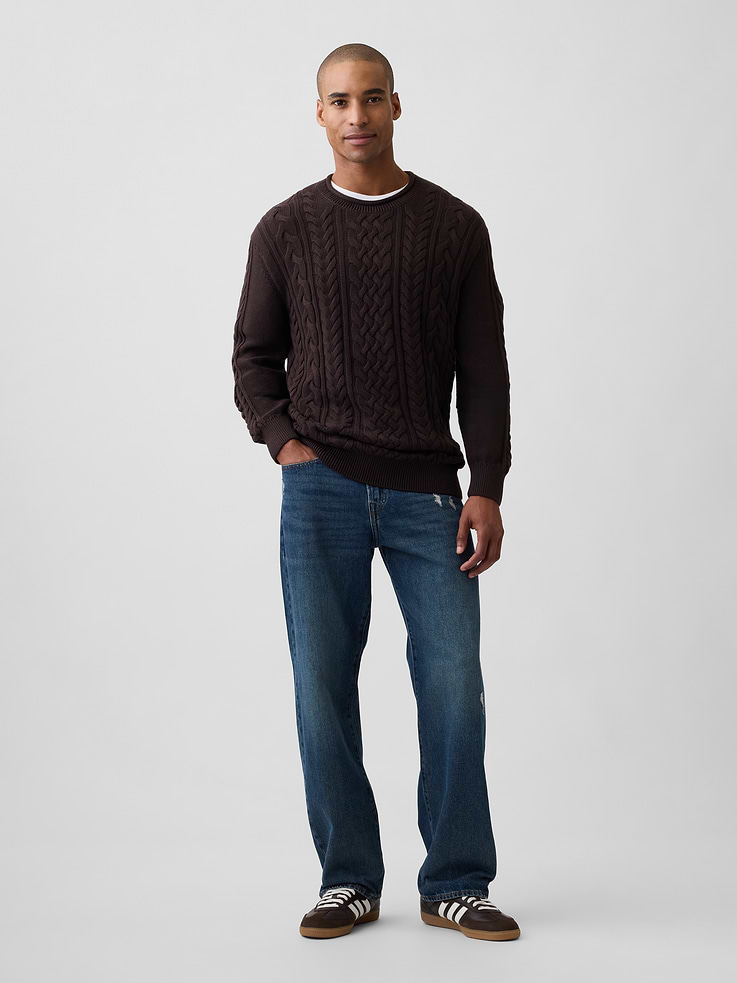 Image 3 of 5, 100% Cotton Relaxed Cable-Knit Crewneck Sweater