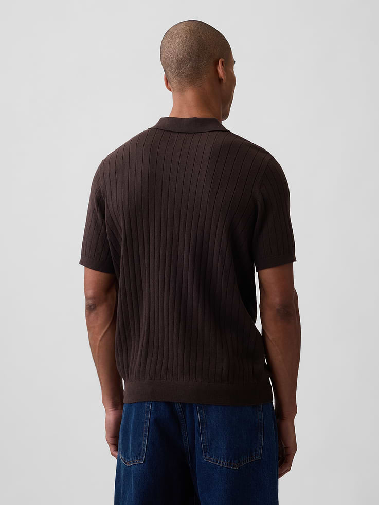 Image 2 of 5, 100% Cotton Relaxed Ribbed Johnny Collar Polo Sweater