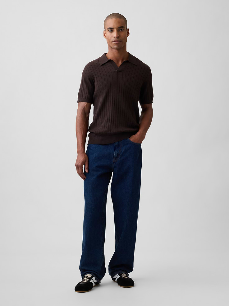 Image 3 of 5, 100% Cotton Relaxed Ribbed Johnny Collar Polo Sweater