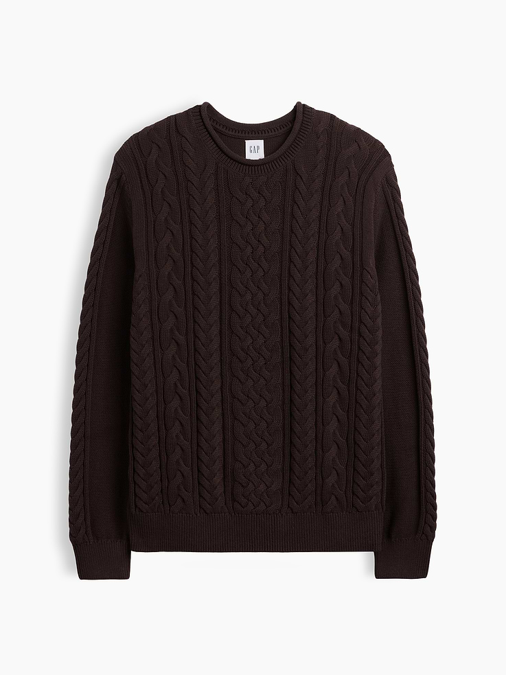 Image 5 of 5, 100% Cotton Relaxed Cable-Knit Crewneck Sweater