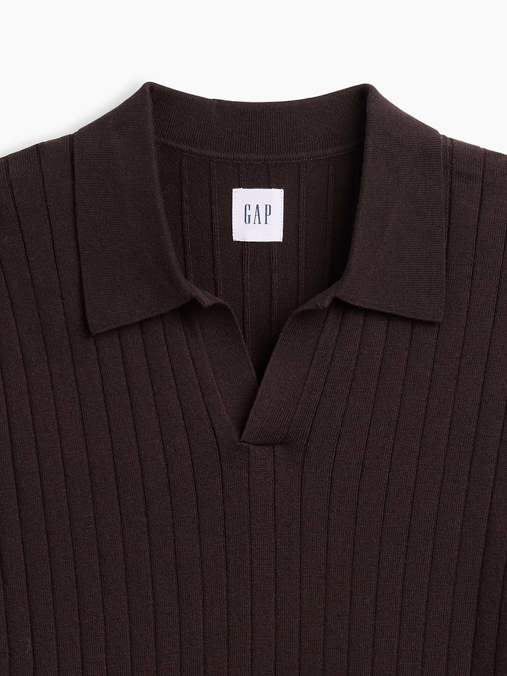 Image 4 of 5, 100% Cotton Relaxed Ribbed Johnny Collar Polo Sweater