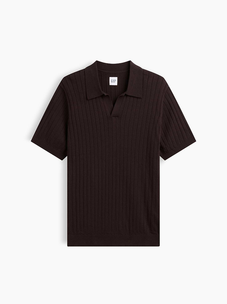Image 5 of 5, 100% Cotton Relaxed Ribbed Johnny Collar Polo Sweater