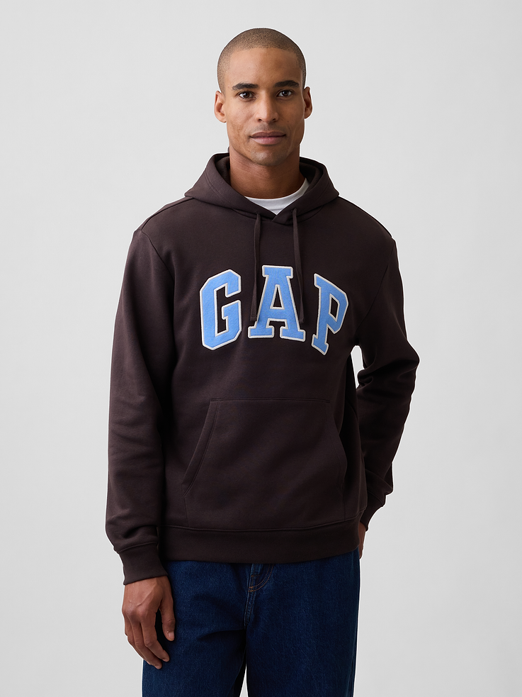 Image 1 of 4, This product is made with/contains 23% recycled polyester. Compared to virgin materials, using recycled materials helps reduce resource use and waste., Soft, comfy fleece., Dropped shoulder, long sleeves with banded cuffs., Drawcord ties at hood., Gap logo at front., Kanga pocket., Banded hem., Select styles have allover print or colorblocking., Product #1179544