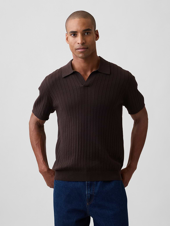 100% Cotton Relaxed Ribbed Johnny Collar Polo Sweater