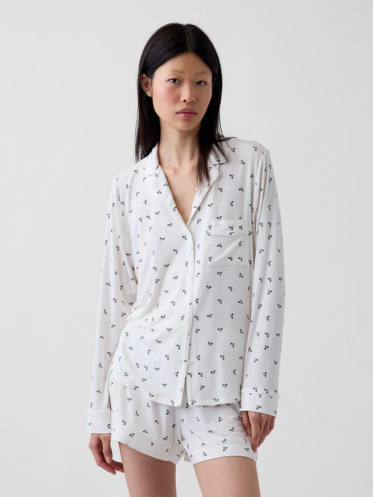 Image 1 of 5, The modal PJs of your dreams. Buttery soft. Naturally cool. With a little stretch. For sleeping, lounging, comfortably., Supersoft stretch modal pajama button-up top., Notch collar., Long sleeves., Button front., Patch pocket at chest., Piping detail at edges., Certain styles have an allover print., Shop matching PJs for all., Product #812180
