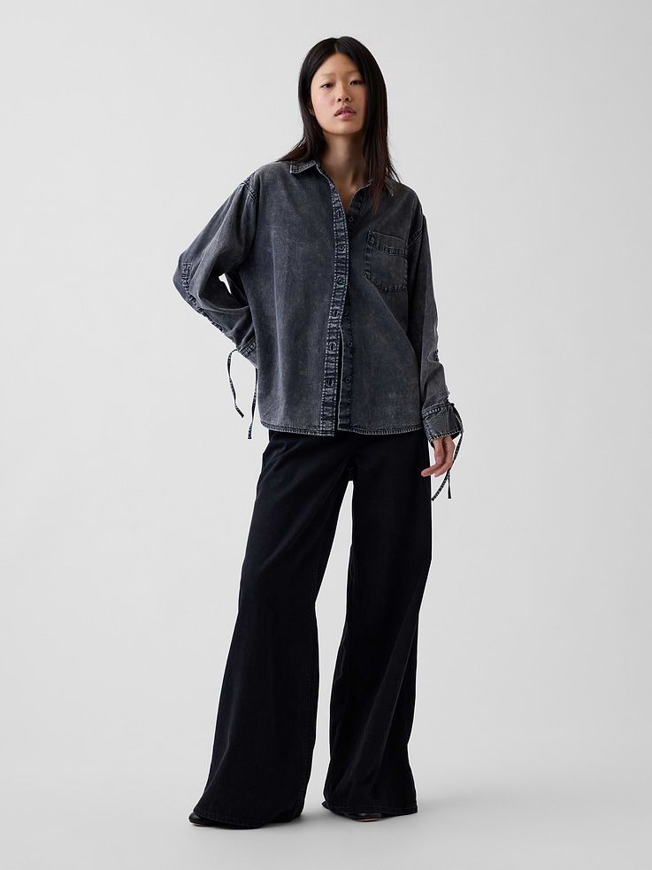 Image 2 of 5, Denim Oversized Ruched-Sleeve Shirt