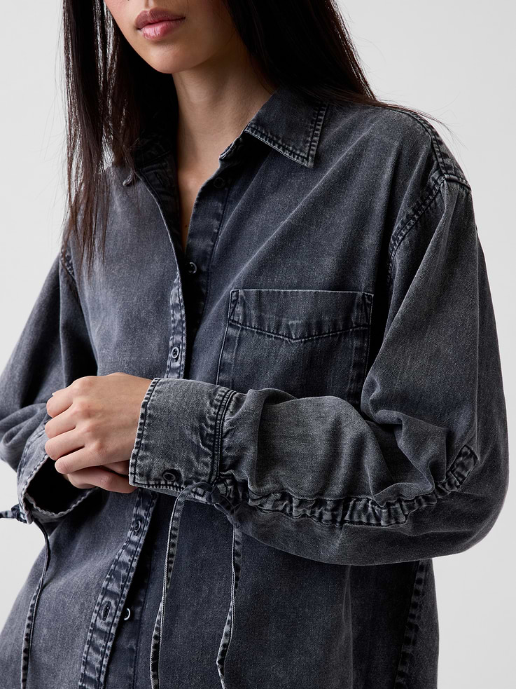 Image 4 of 5, Denim Oversized Ruched-Sleeve Shirt